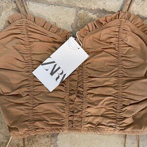 New Zara Ruched Pottery Tan Brown Scallop Crop Strappy Cami Top